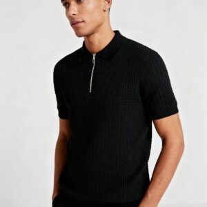 BLACK - MENS HALF SLEEVES ZIPPER POLO