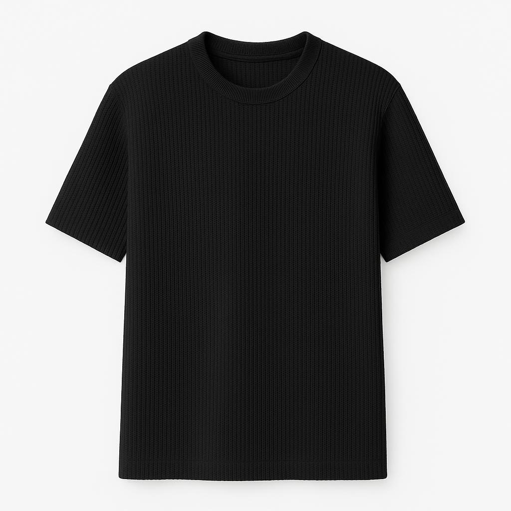 BLACK - OVERSIZED WAFFLE KNITTED ROUND NECK TEE - Image 2