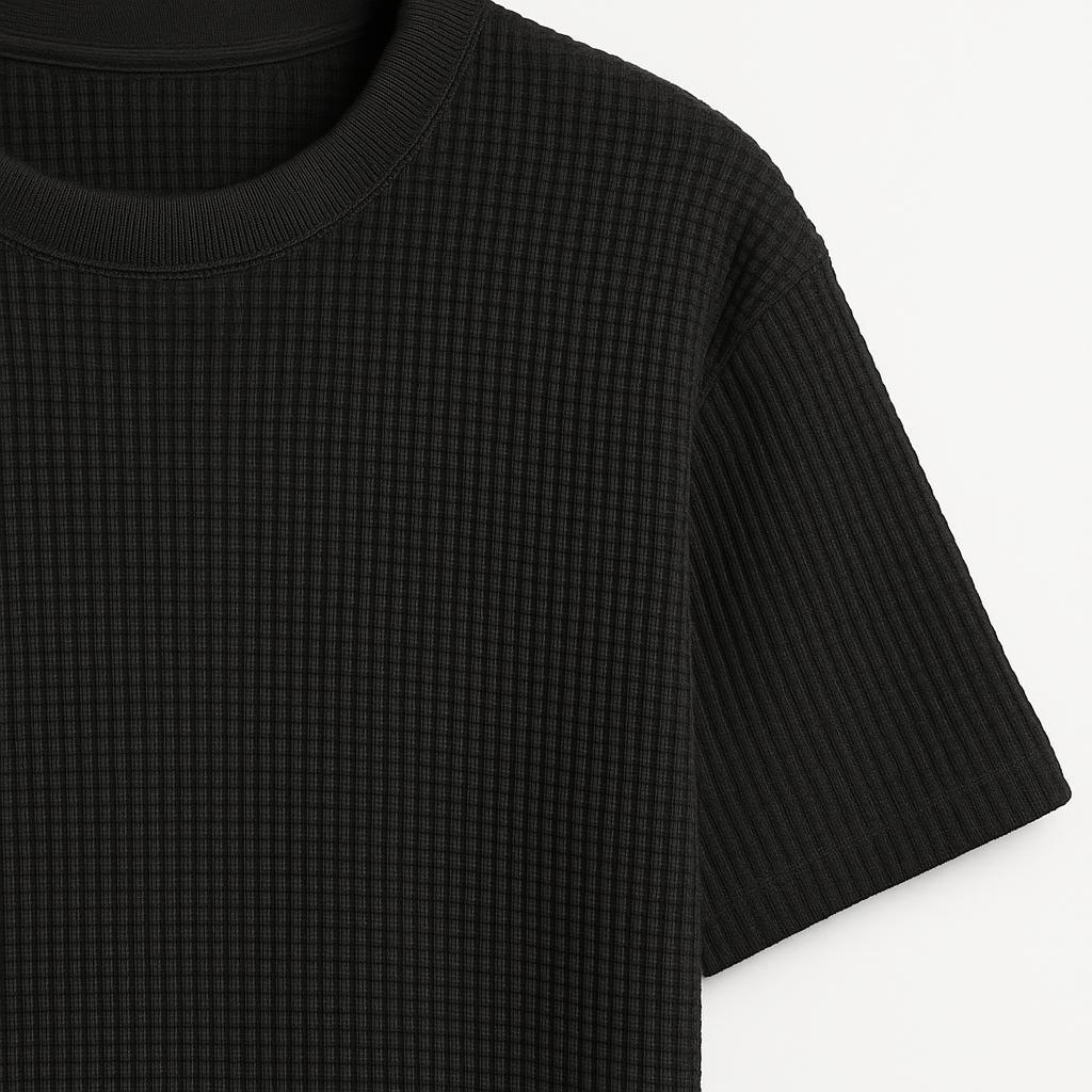 BLACK - OVERSIZED WAFFLE KNITTED ROUND NECK TEE - Image 3