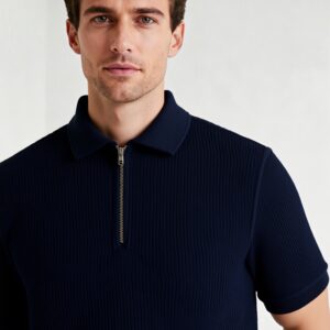 NAVY BLUE - MEN HALF SLEEVES ZIPPER POLO