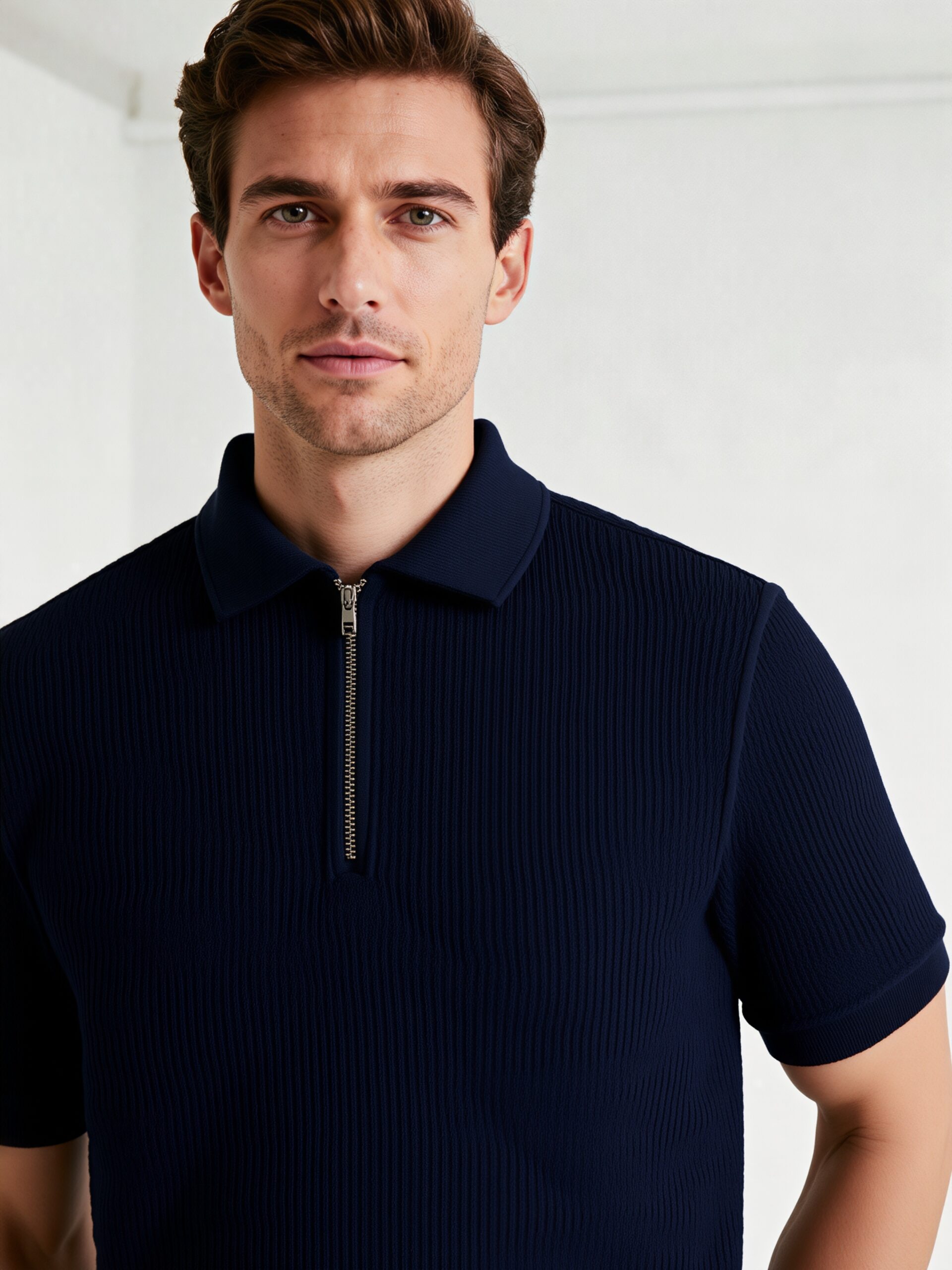 NAVY BLUE - MEN HALF SLEEVES ZIPPER POLO